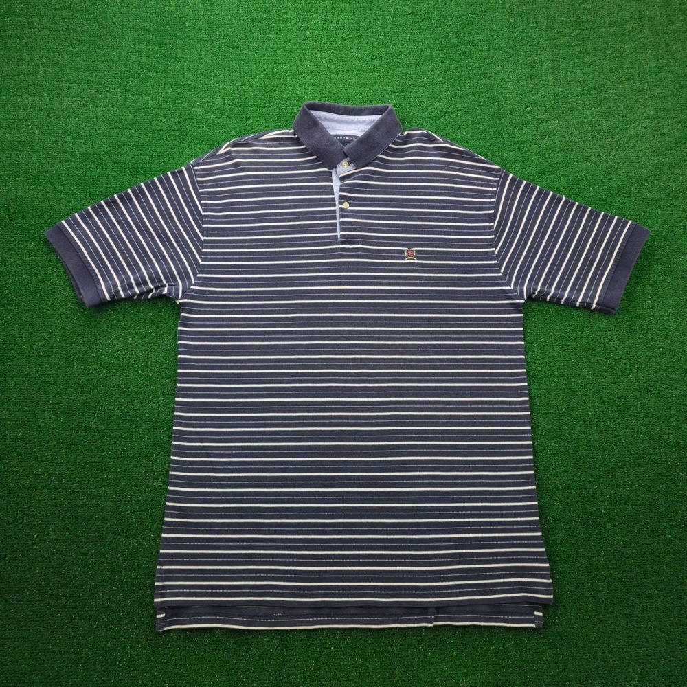 Tommy Hilfiger Polo Shirt Mens XL Blue Striped Short Sleeve Cotton Logo Golf